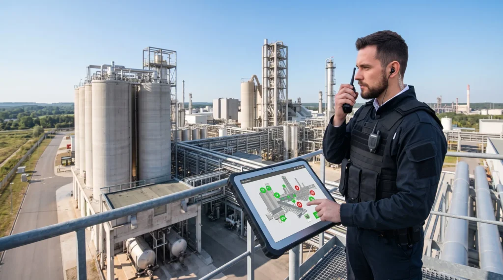Oficial de seguridad de Patrol coordinando acciones de seguridad privada para fábricas y plantas industriales mediante comunicación por radio y tecnología móvil.